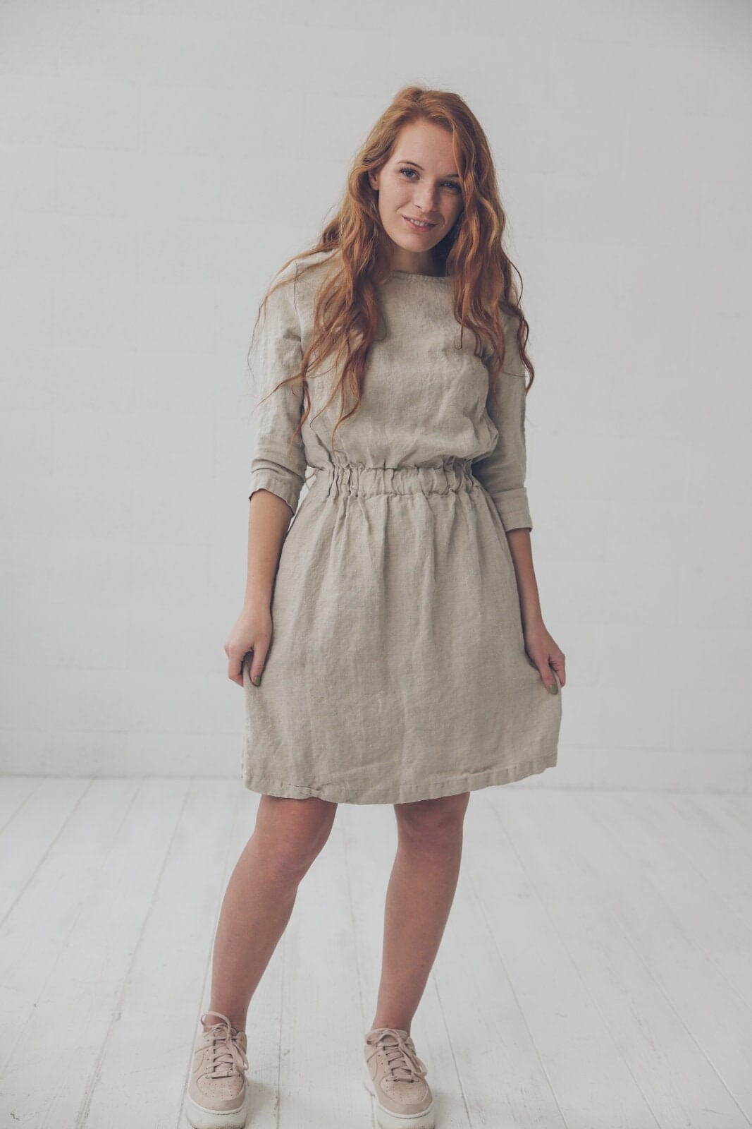 READY TO SHIP Beige Linen Dress, Half Sleeves Linen Dress with Pockets Old Linen Mill 