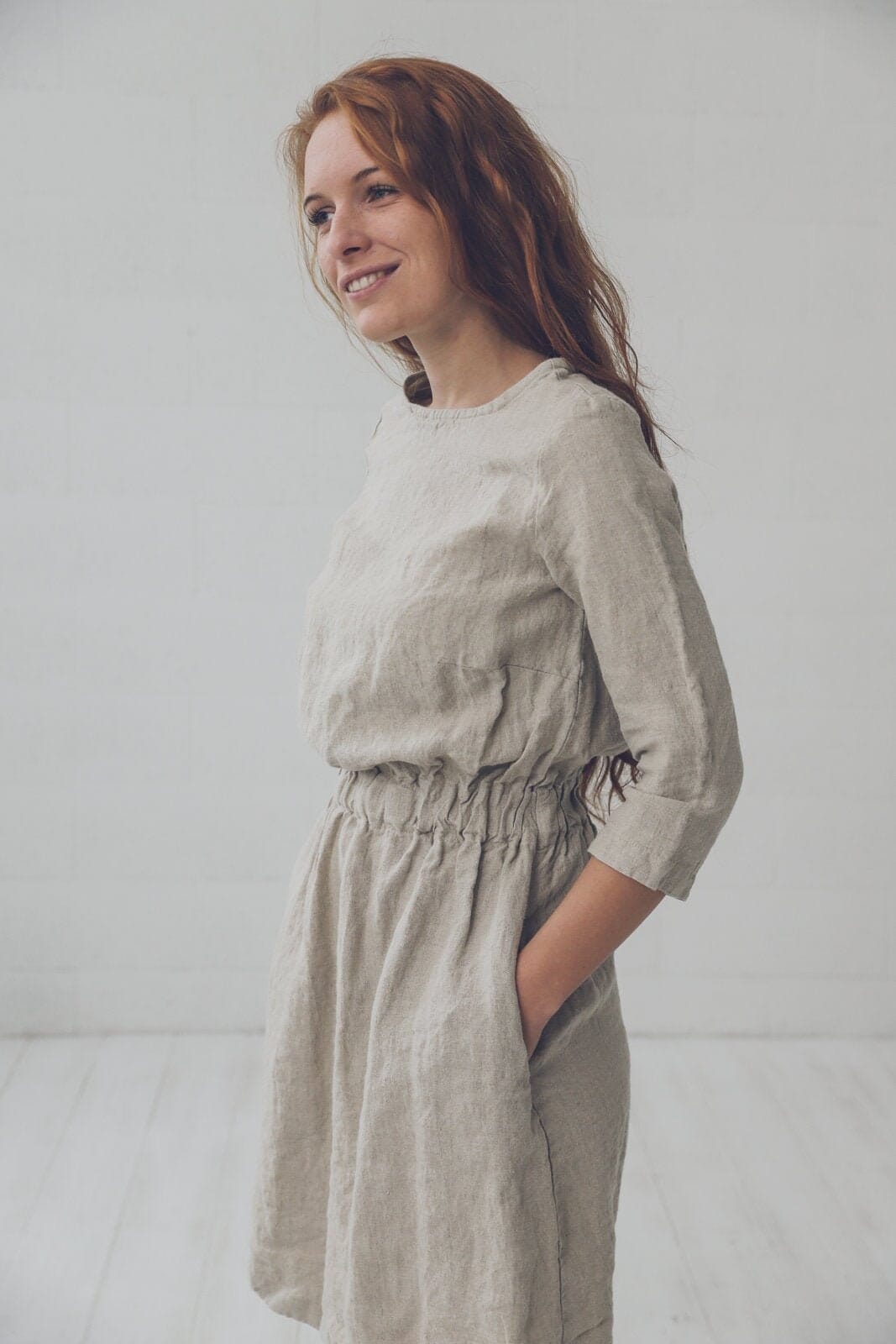 READY TO SHIP Beige Linen Dress, Half Sleeves Linen Dress with Pockets Old Linen Mill 