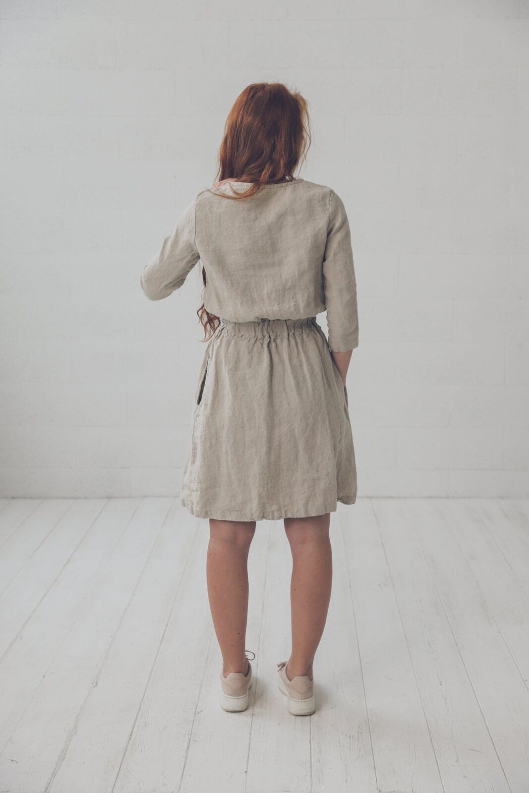 READY TO SHIP Beige Linen Dress, Half Sleeves Linen Dress with Pockets Old Linen Mill 