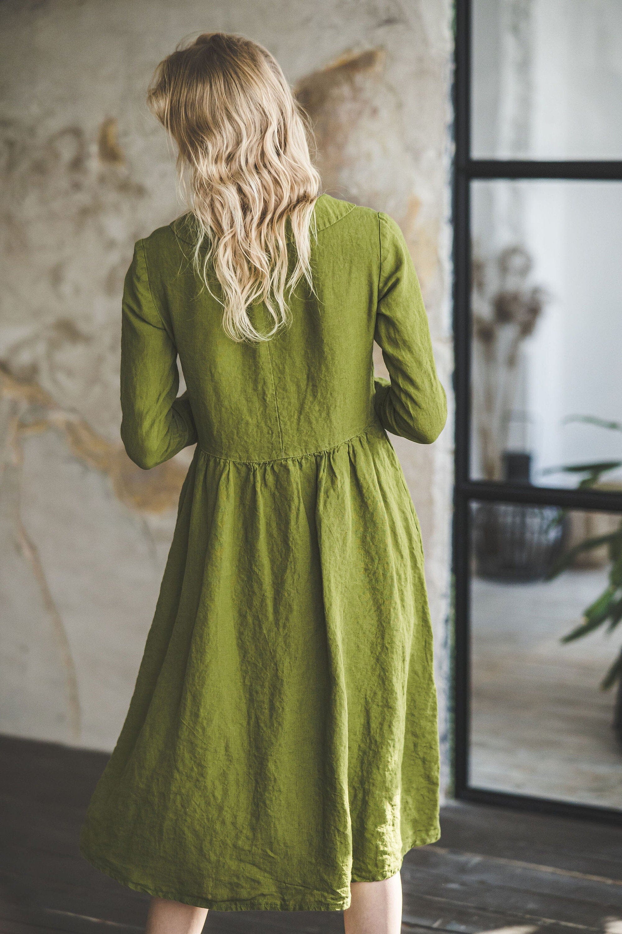 READY TO SHIP Boho Elegant Collared Linen Women Dress D45 Old Linen Mill