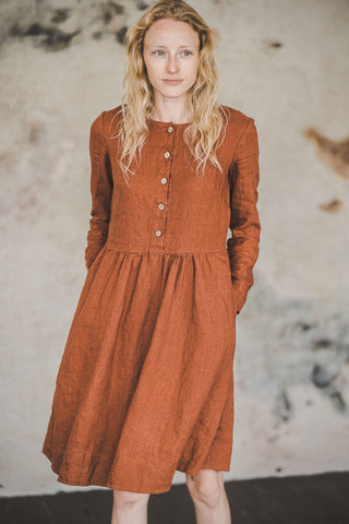 READY TO SHIP Casual Midi Long Sleeves Linen Dress D03-1 Old Linen Mill