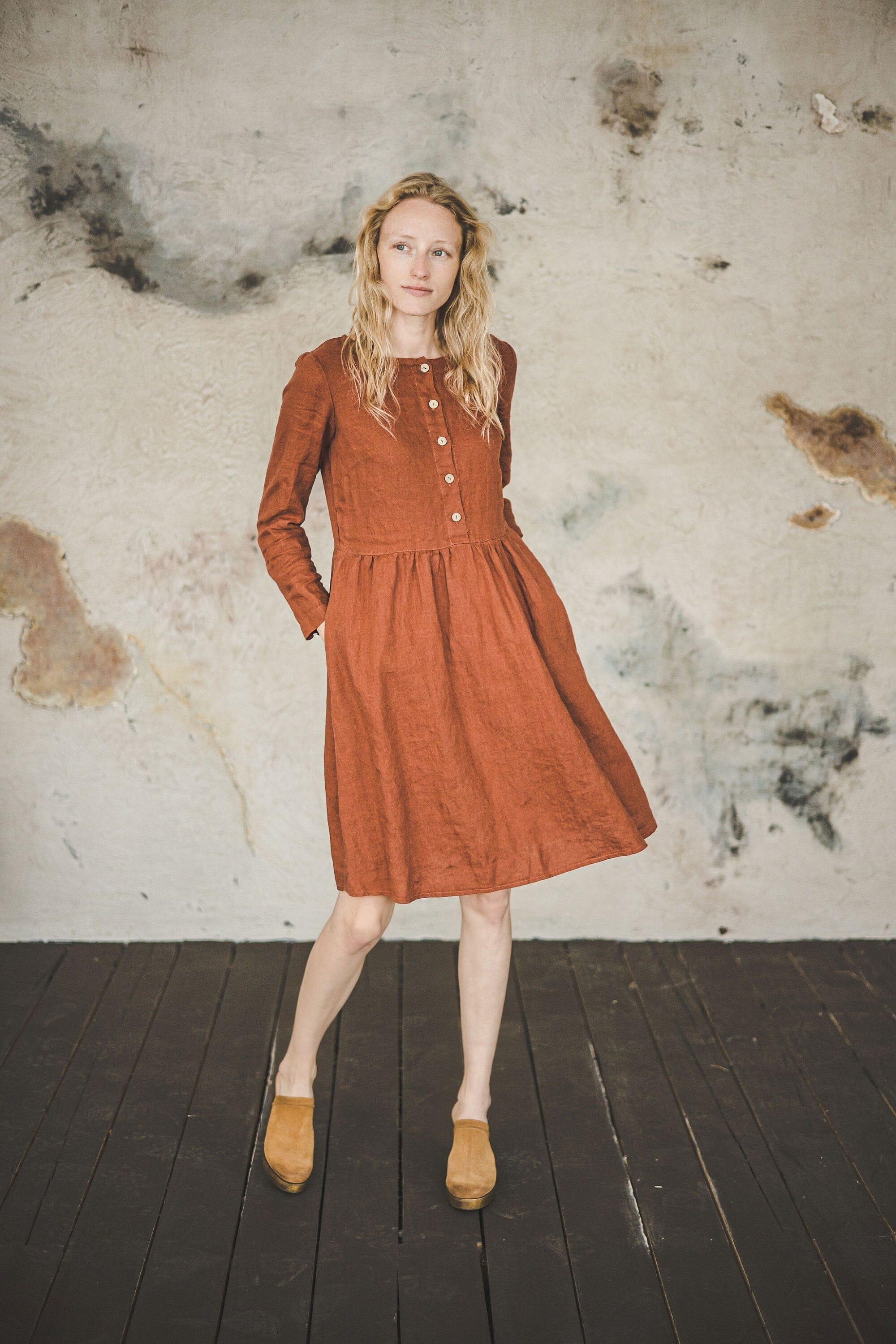 READY TO SHIP Casual Midi Long Sleeves Linen Dress D03-1 Ocean Blue / S Old Linen Mill