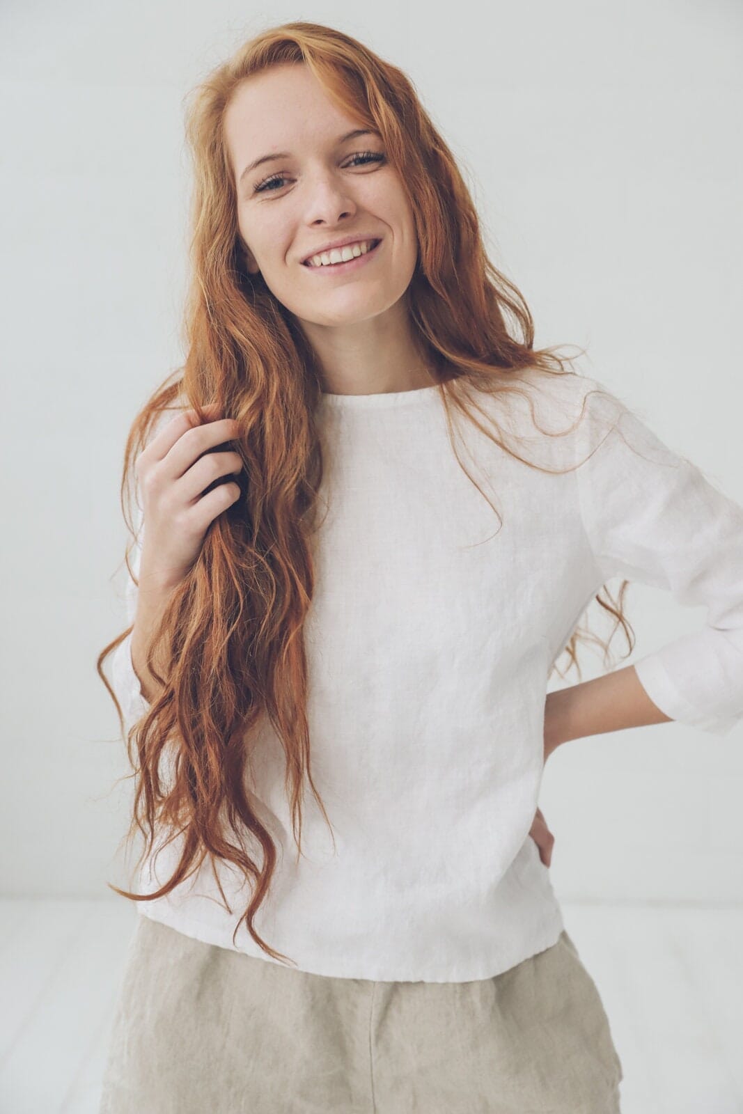 READY TO SHIP Classic Linen Top 3/4 Sleeves Blouse White / XS Old Linen Mill