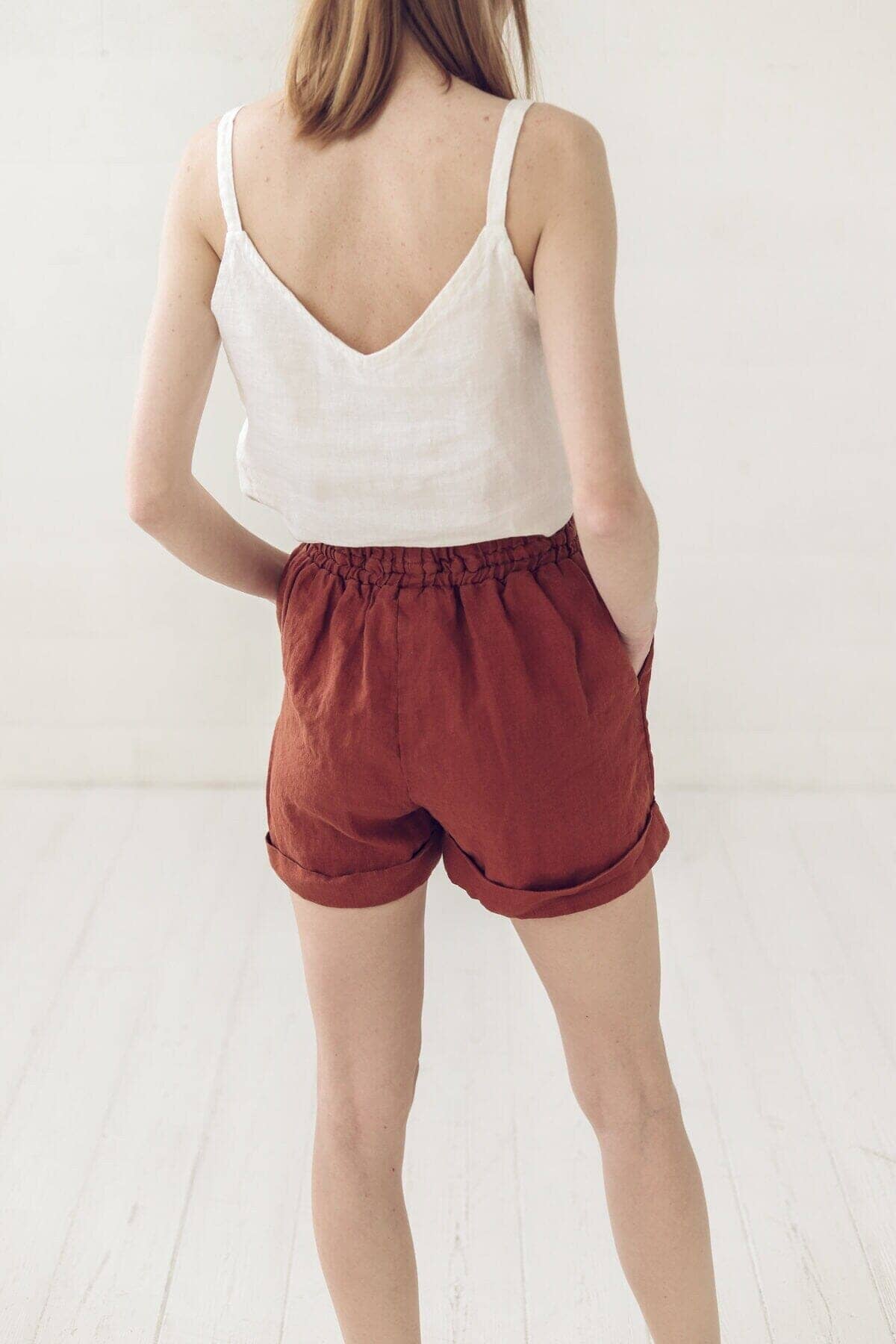 READY TO SHIP Elastic Waist Linen Summer Shorts in Ocean Blue Old Linen Mill