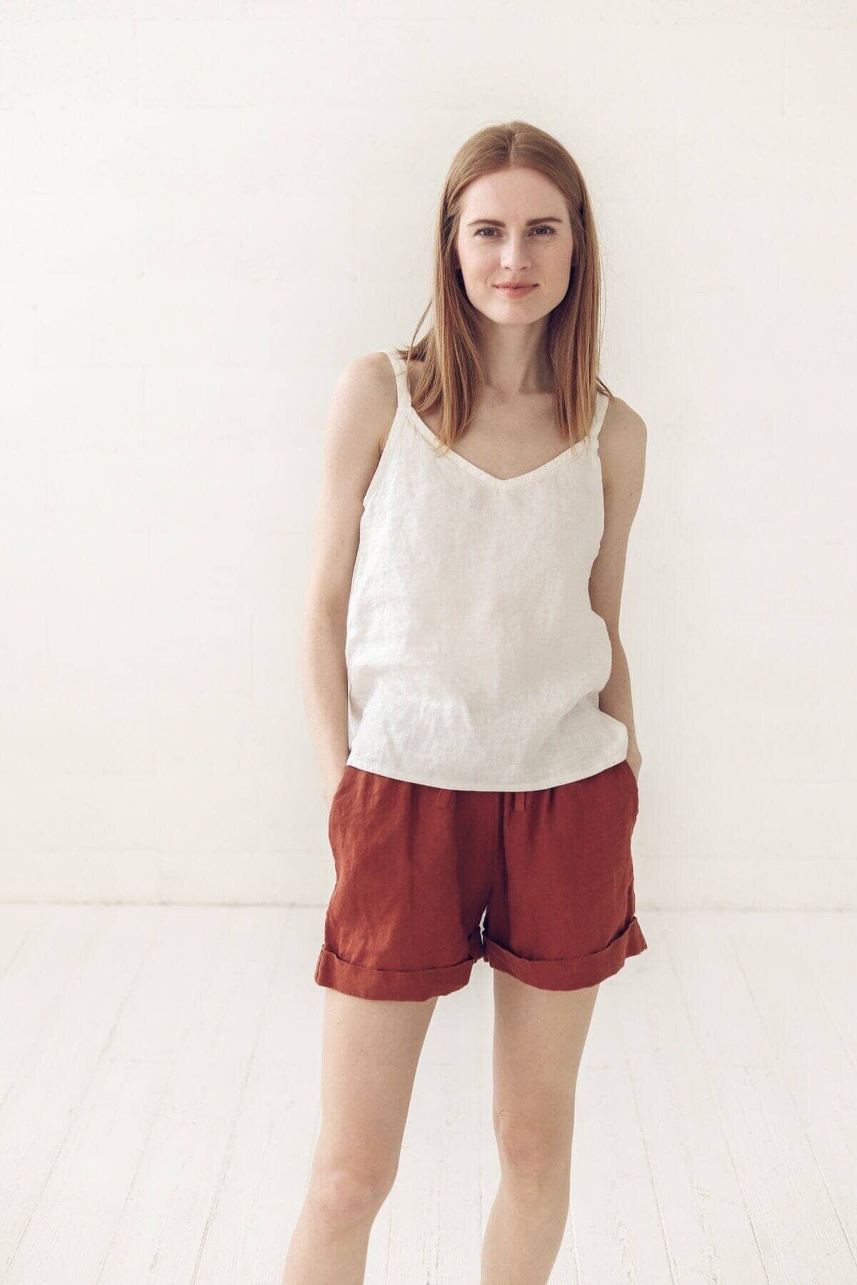 READY TO SHIP Elastic Waist Linen Summer Shorts in Ocean Blue Old Linen Mill