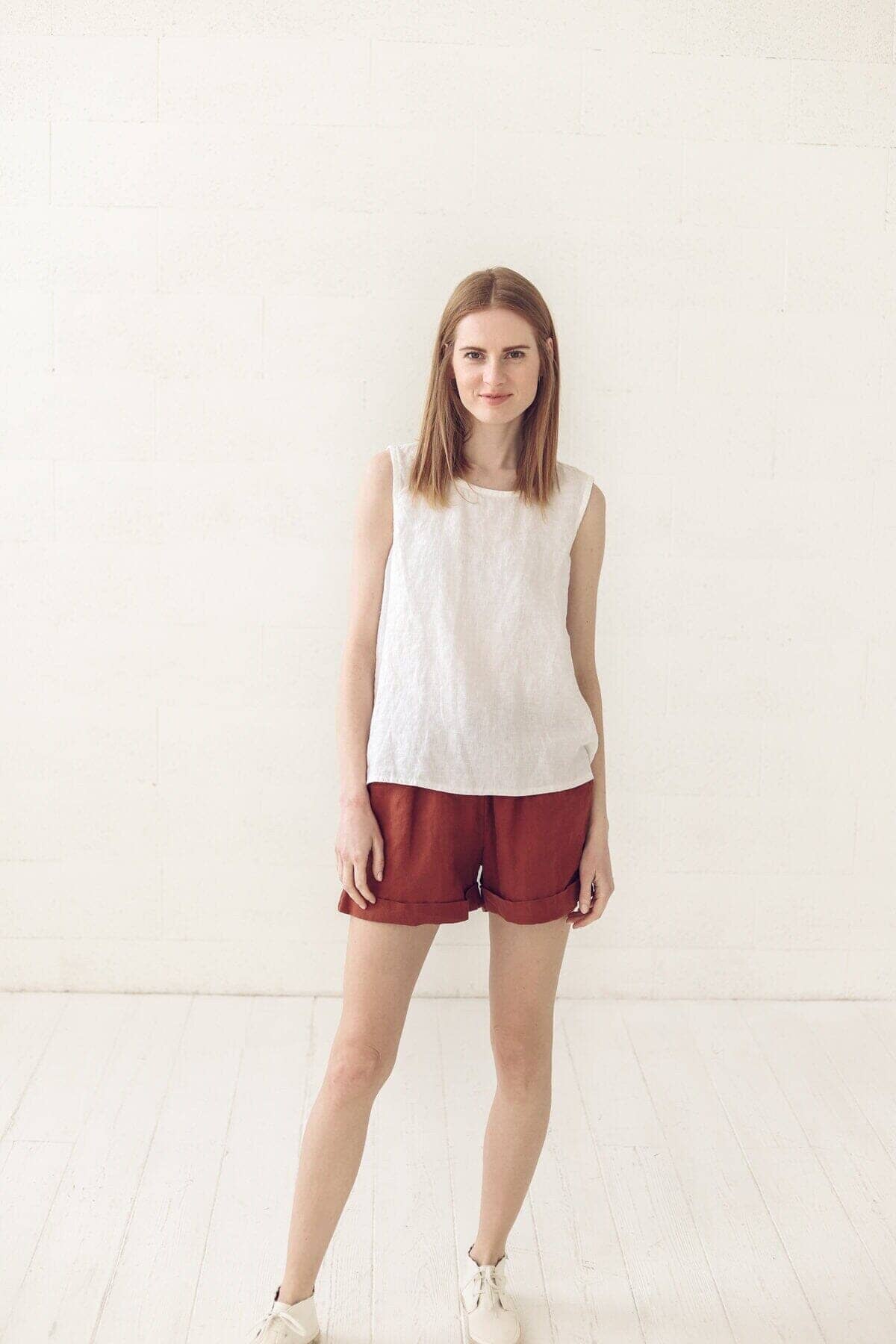 READY TO SHIP Elastic Waist Linen Summer Shorts in Ocean Blue Old Linen Mill