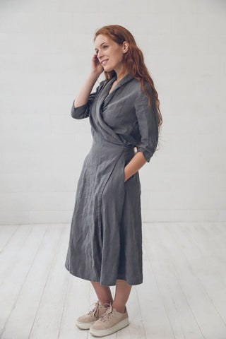 READY TO SHIP Elegant Long Linen Maxi Wrap Dress Living Coral / M Old Linen Mill