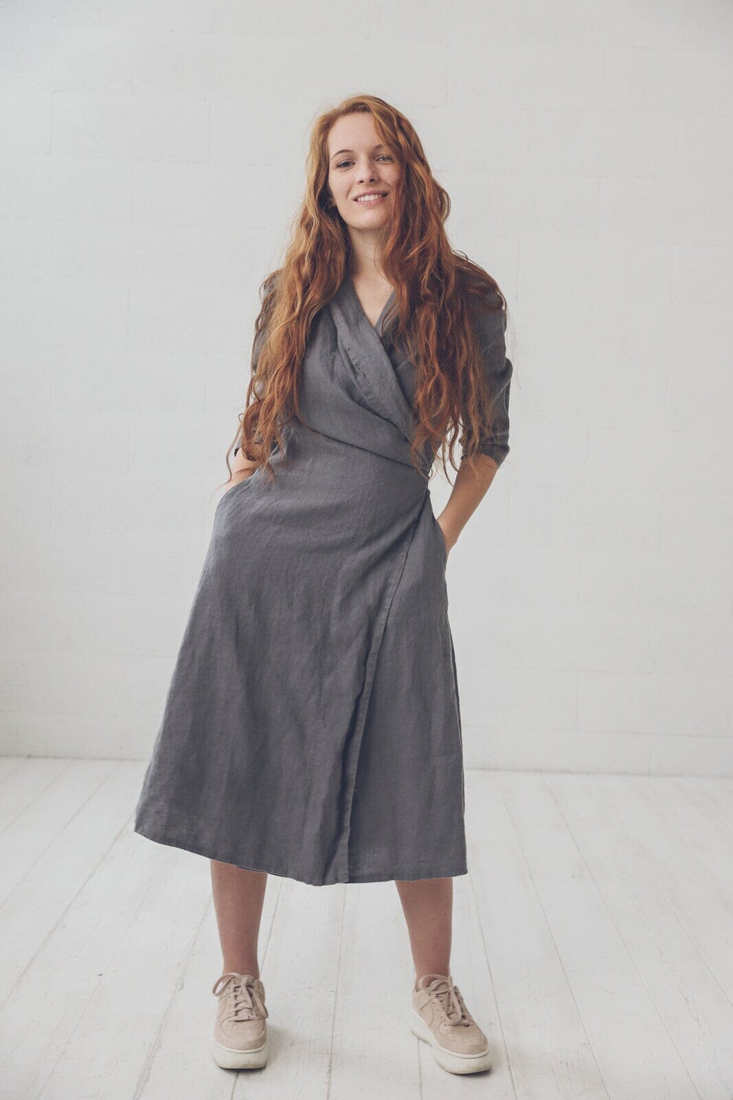 READY TO SHIP Elegant Long Linen Maxi Wrap Dress Living Coral / M Old Linen Mill