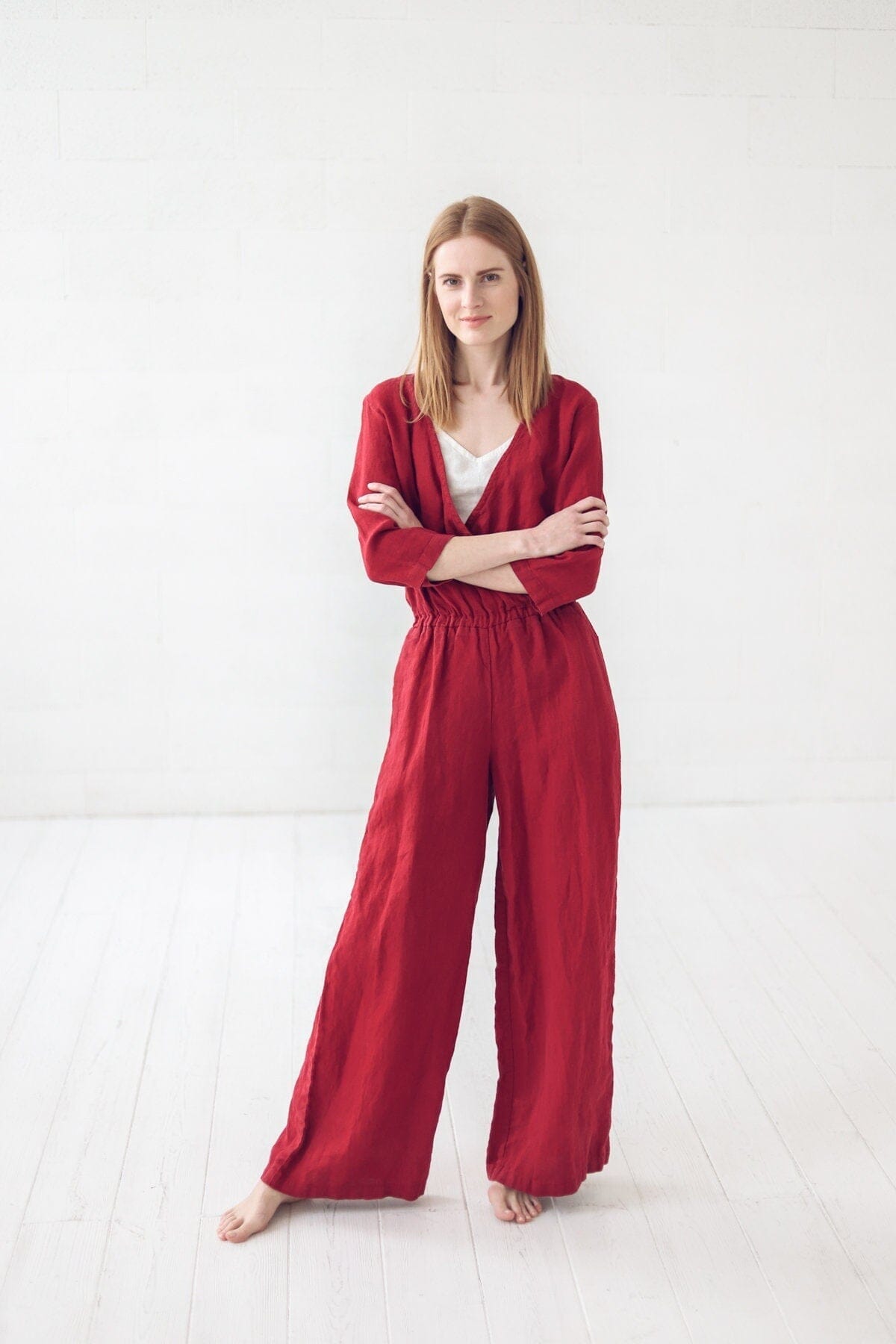 READY TO SHIP Evening Long Linen Jumpsuit Ruby Red / XS Old Linen Mill
