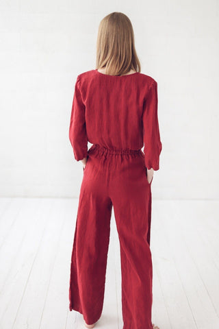 READY TO SHIP Evening Long Linen Jumpsuit Ruby Red / XS Old Linen Mill