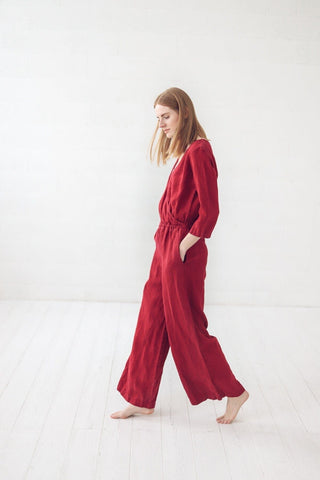 READY TO SHIP Evening Long Linen Jumpsuit Ruby Red / XS Old Linen Mill