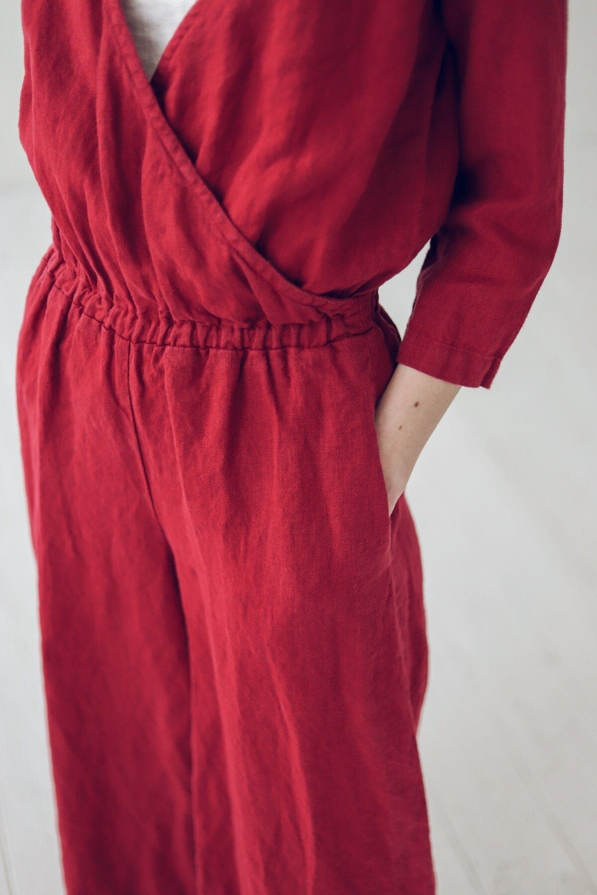 READY TO SHIP Evening Long Linen Jumpsuit Ruby Red / XS Old Linen Mill