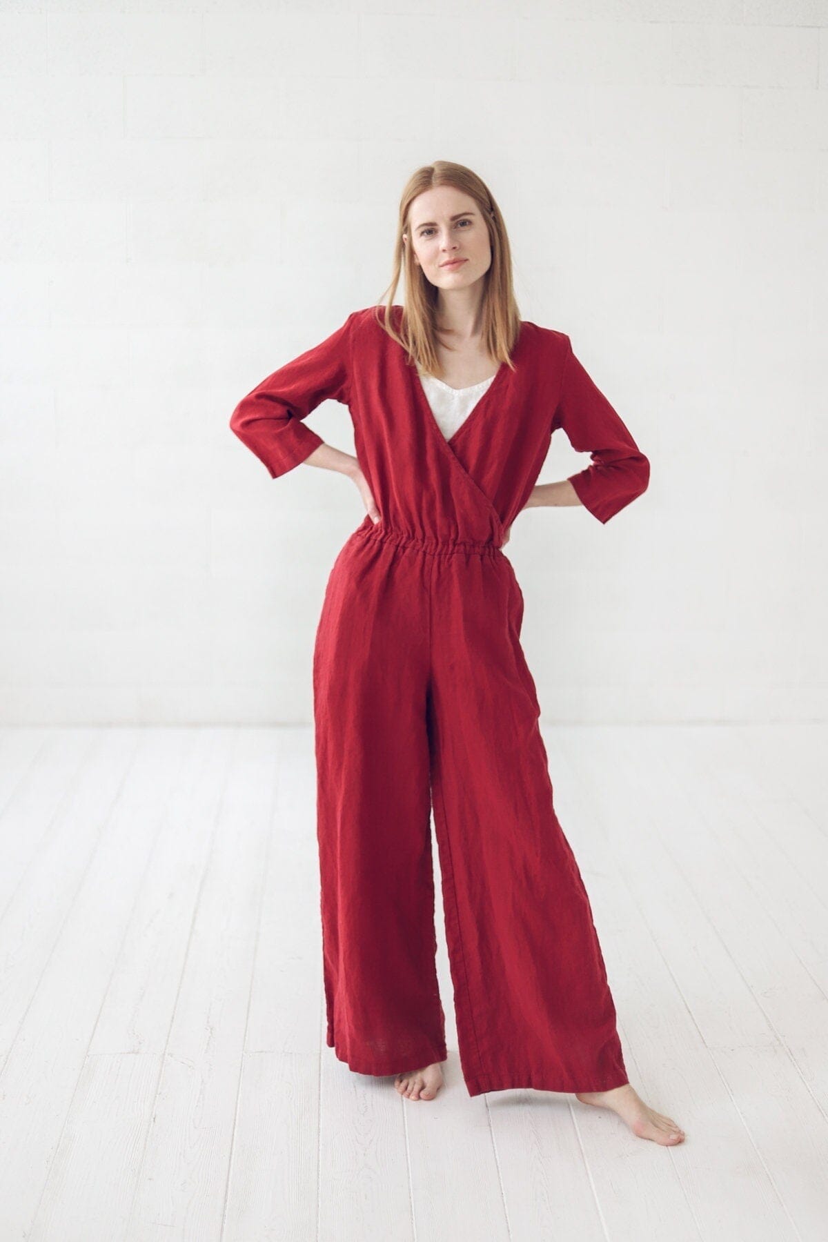 READY TO SHIP Evening Long Linen Jumpsuit Ruby Red / XS Old Linen Mill