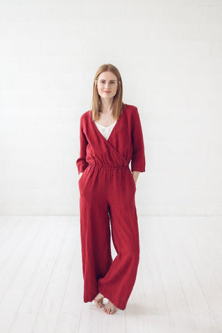 READY TO SHIP Evening Long Linen Jumpsuit Ruby Red / XS Old Linen Mill