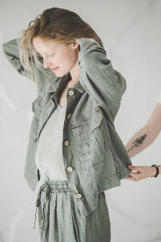 READY TO SHIP Linen Cargo Jacket Heavy Solid Gray / M/L Old Linen Mill