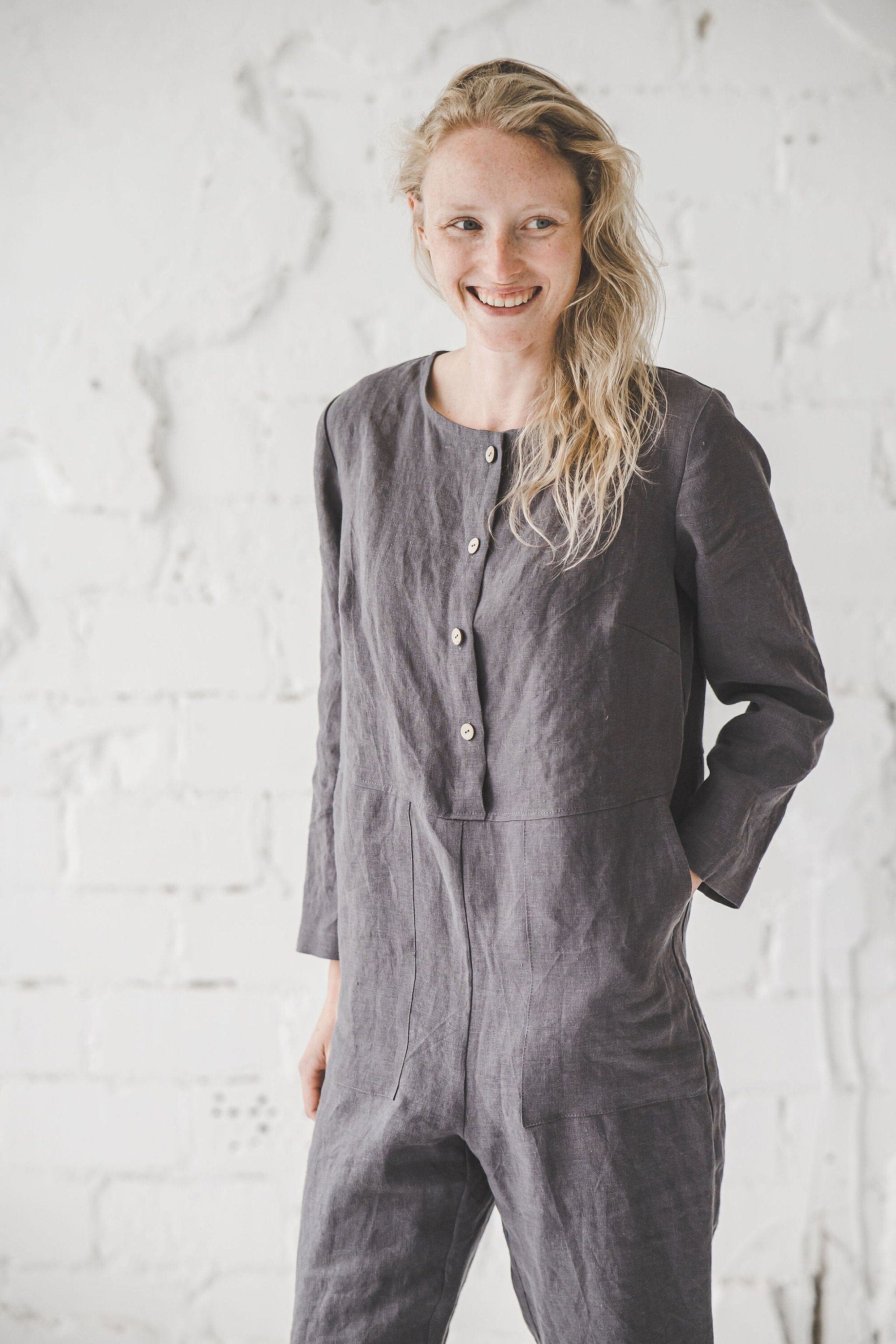 READY TO SHIP Linen Jumpsuit with Front and Back Pockets Old Linen Mill