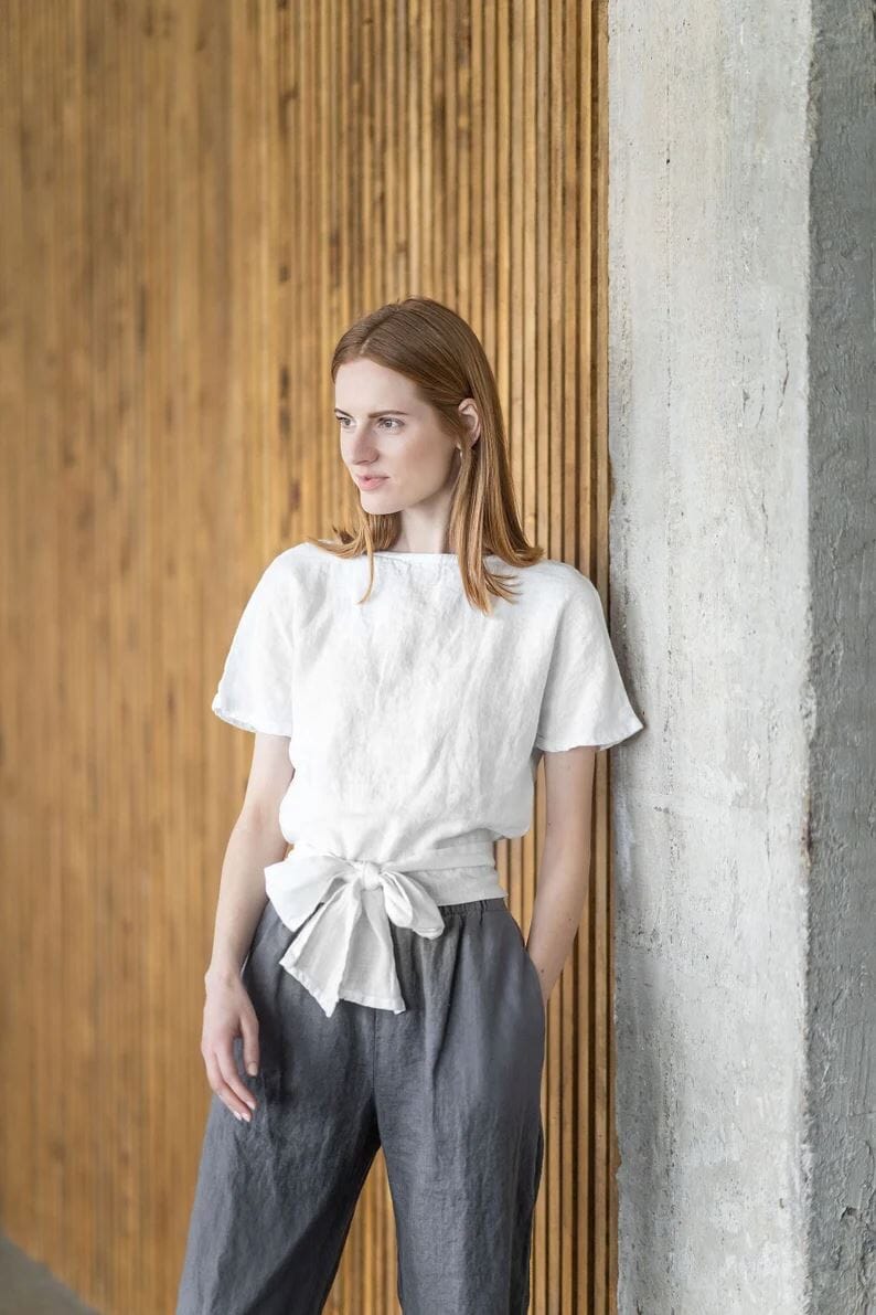 READY TO SHIP Linen Kimono Front Knot Blouse Ivory / XS/S Old Linen Mill