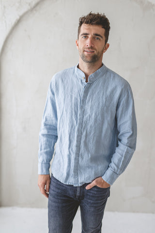 READY  TO SHIP Linen Men's Shirt With Hidden Buttons Dark Aubergine / S Old Linen Mill