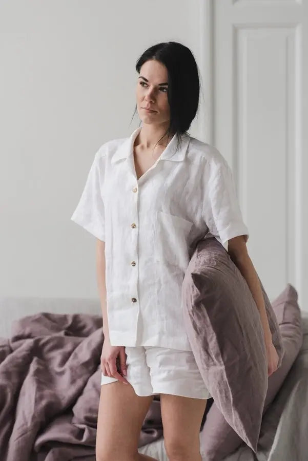 READY TO SHIP Linen Pajama Set with Shorts 062CUSTOM Mellow Rose and White / XS/S Old Linen Mill