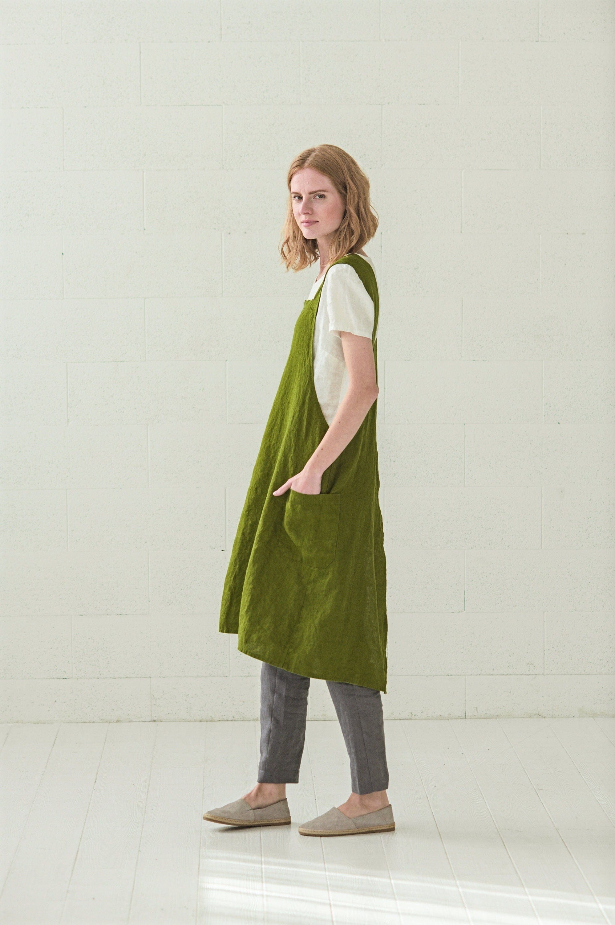 READY TO SHIP Linen Pinafore Apron Dress Sage Green / XS/S Old Linen Mill