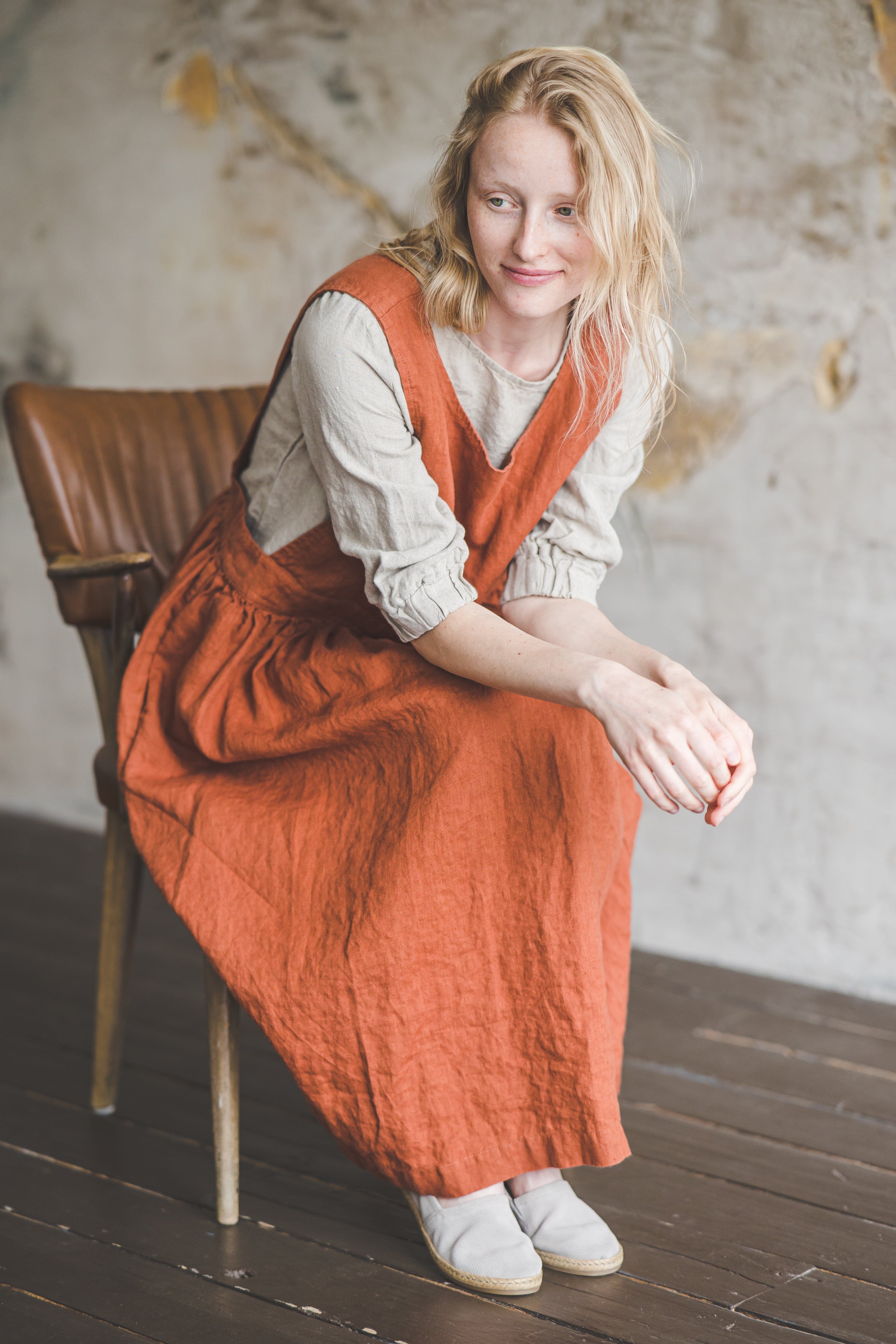 READY TO SHIP Linen Pinafore Dress D56 Honey Gold / M/L Old Linen Mill