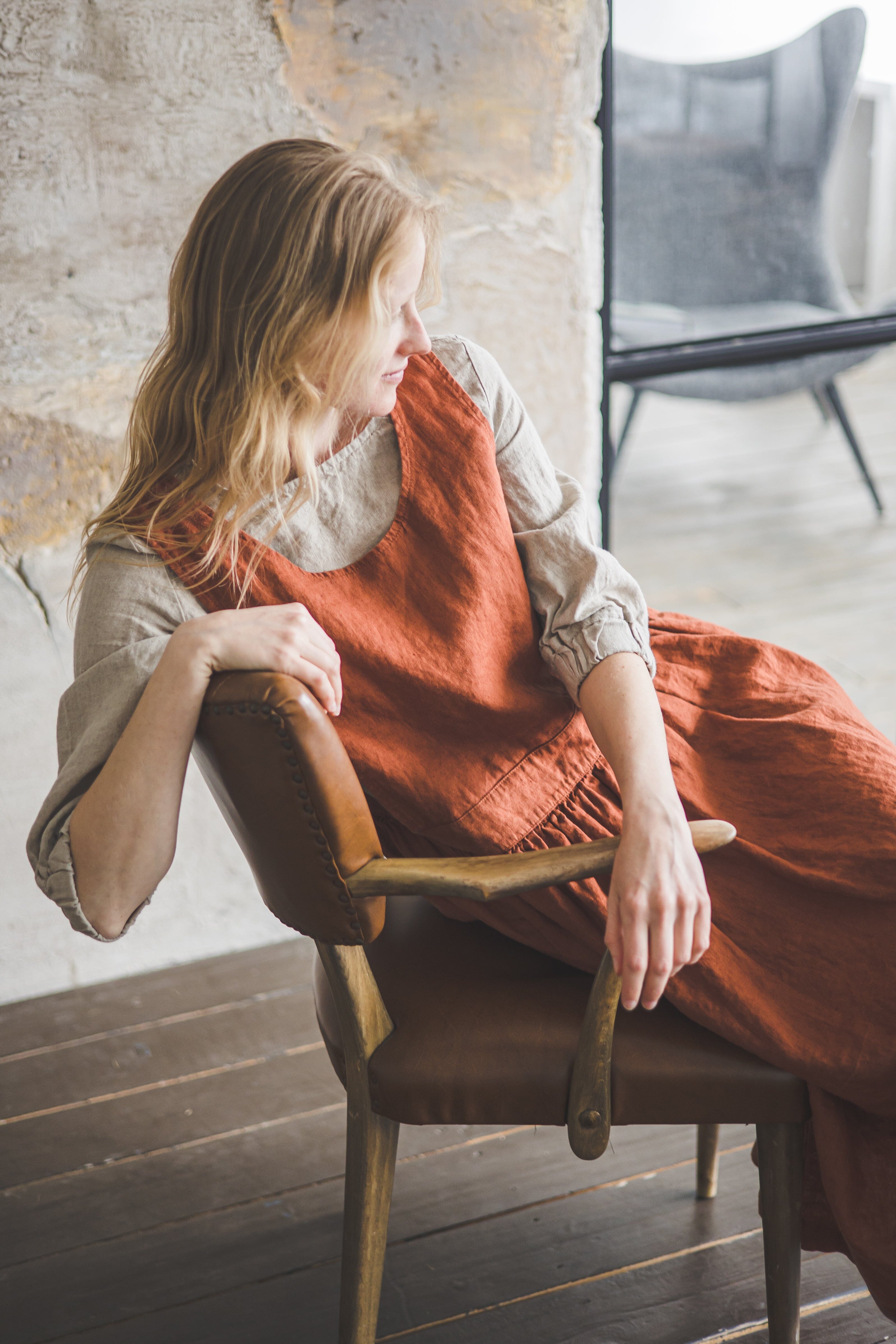 READY TO SHIP Linen Pinafore Dress D56 Honey Gold / M/L Old Linen Mill