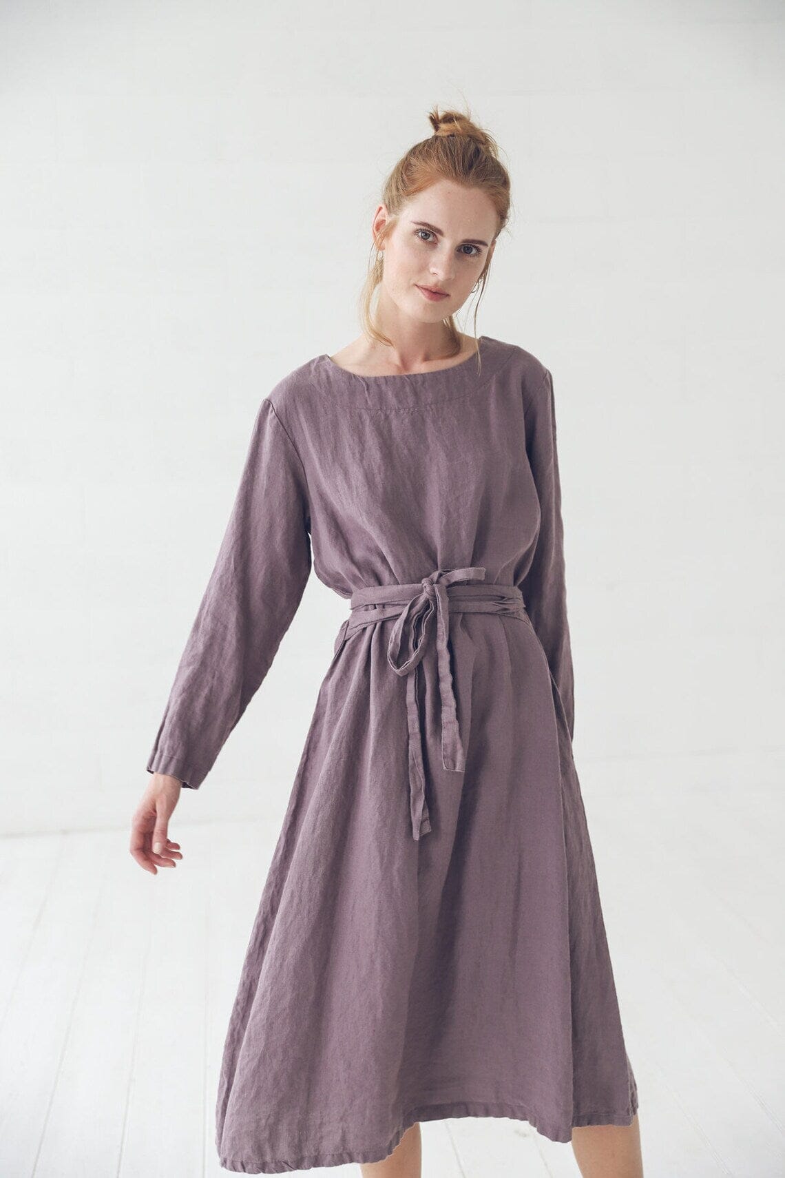 READY TO SHIP Linen Tie Belt Dress, Long Linen Swing Dress Burnt Orange / M/L oldlinenmill.com