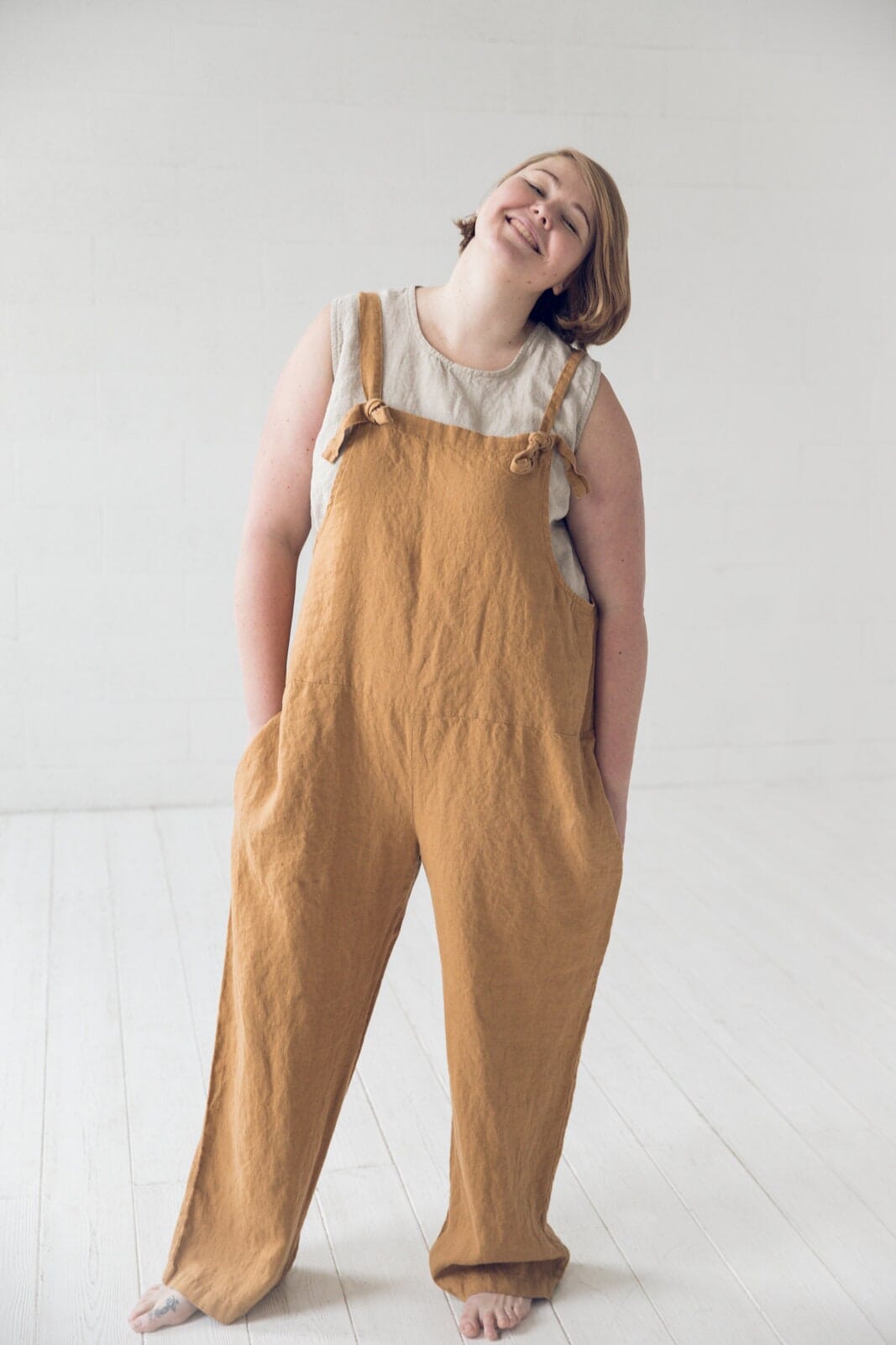 READY TO SHIP Long Loose Linen Jumpsuit Old Linen Mill Honey Gold 3XL/4XL 