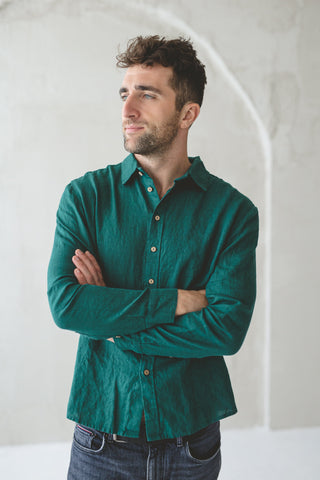 READY TO SHIP Long Sleeve Fitted Linen Men's Shirt Sage Green / M Old Linen Mill
