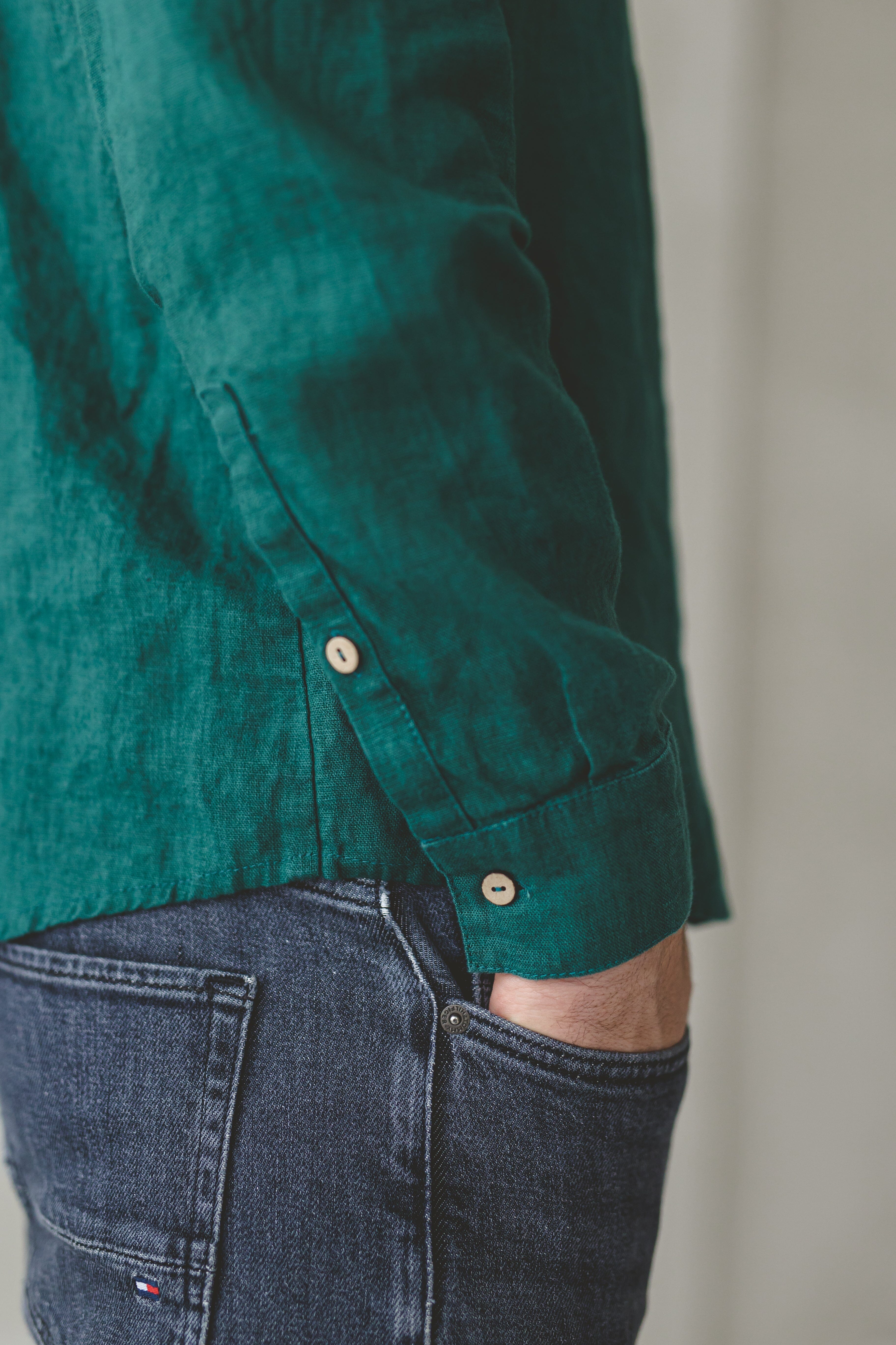 READY TO SHIP Long Sleeve Fitted Linen Men's Shirt Sage Green / M Old Linen Mill