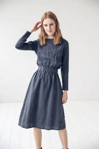 READY TO SHIP Long Sleeves Soft Linen Dress D13-1 Old Linen Mill