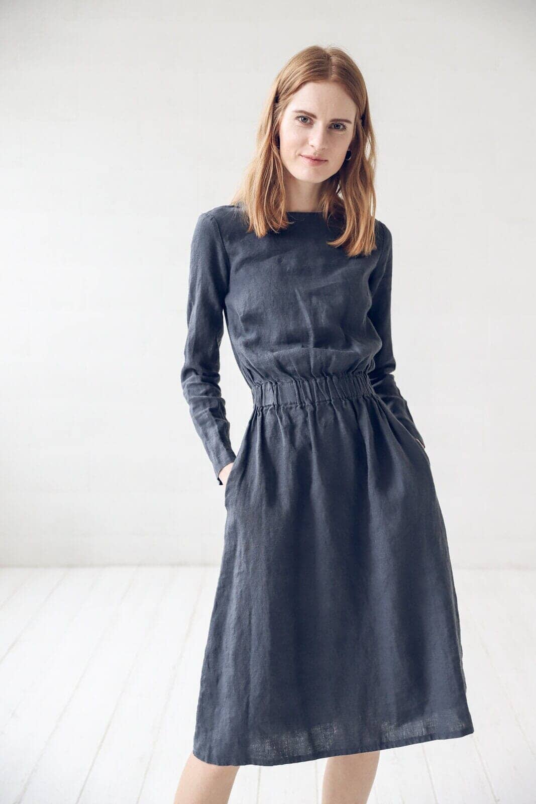 READY TO SHIP Long Sleeves Soft Linen Dress D13-1 Black / S Old Linen Mill