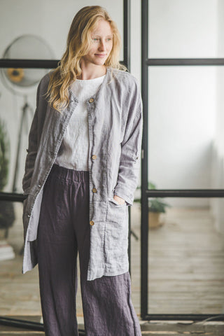 READY TO SHIP Loose Linen Jacket with Pockets C18 Misty Gray / XL/XXL Old Linen Mill