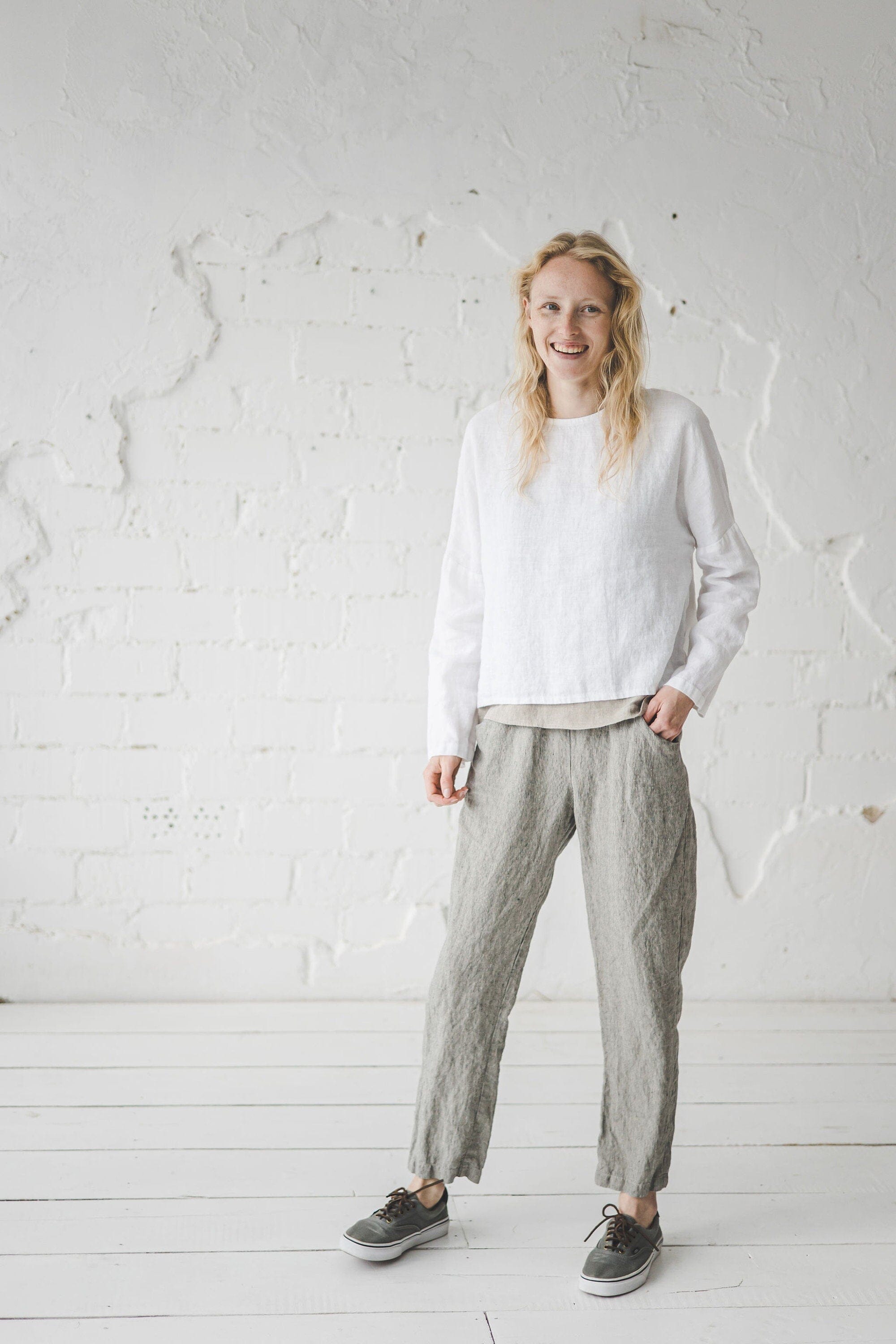 READY TO SHIP Natural Loose Linen Pants with Elastic Waistband Old Linen Mill