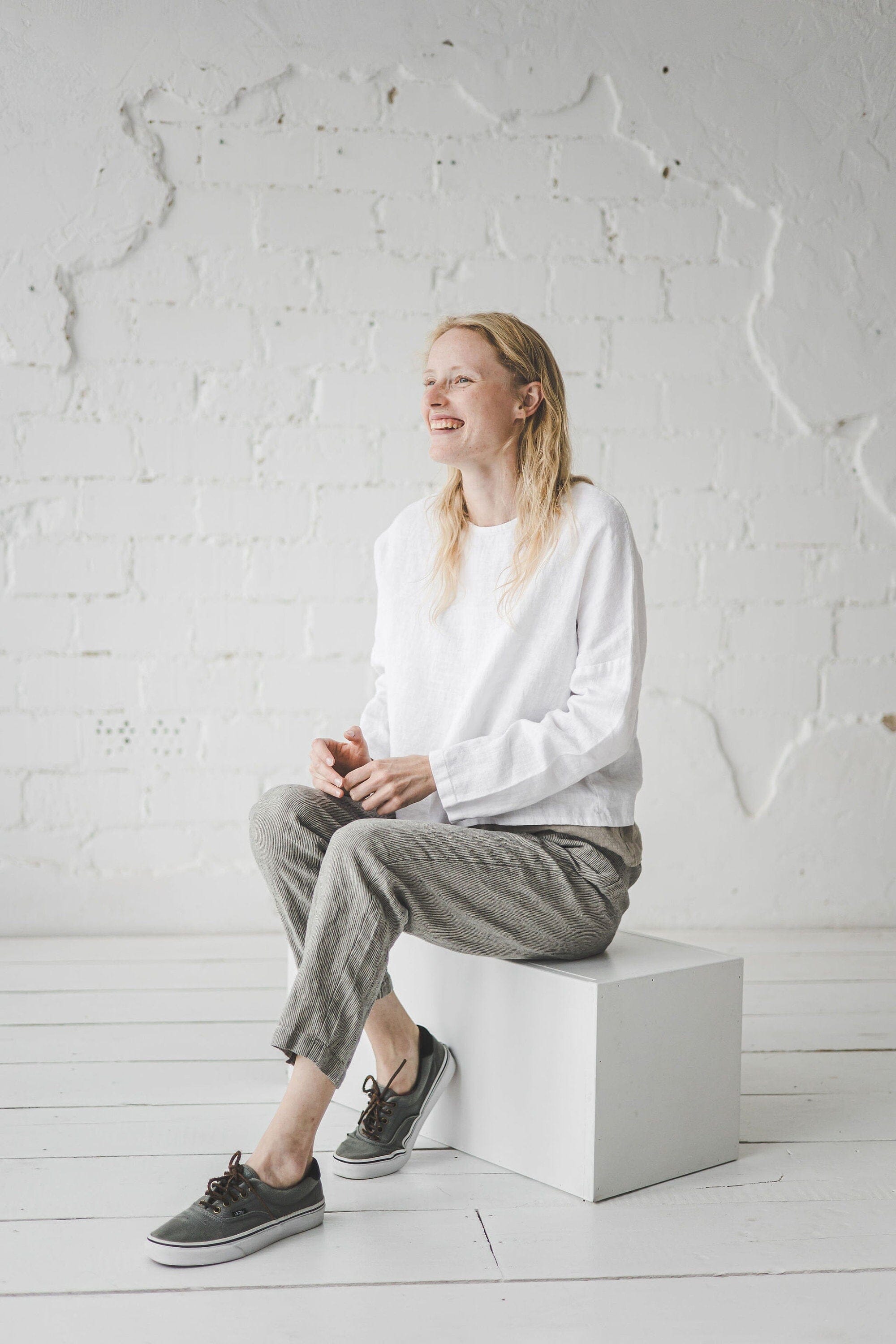 READY TO SHIP Natural Loose Linen Pants with Elastic Waistband Old Linen Mill