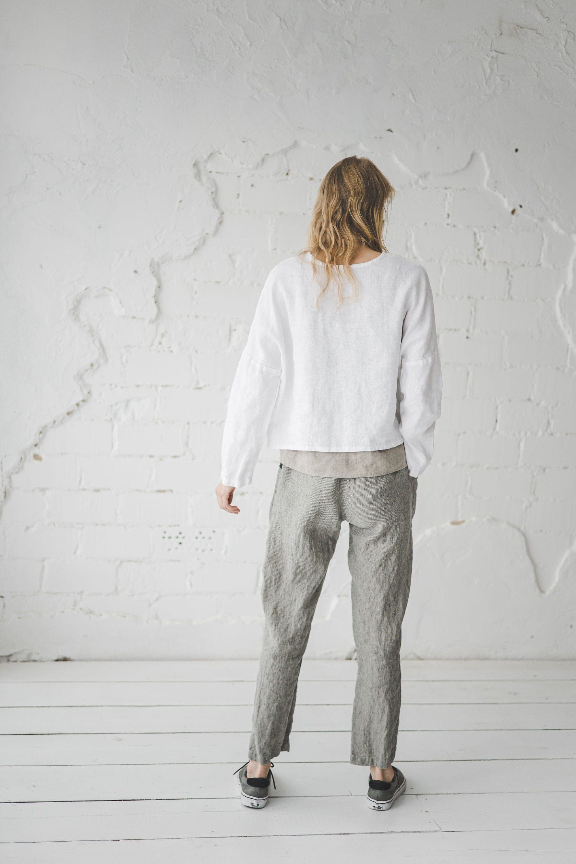 READY TO SHIP Natural Loose Linen Pants with Elastic Waistband Old Linen Mill