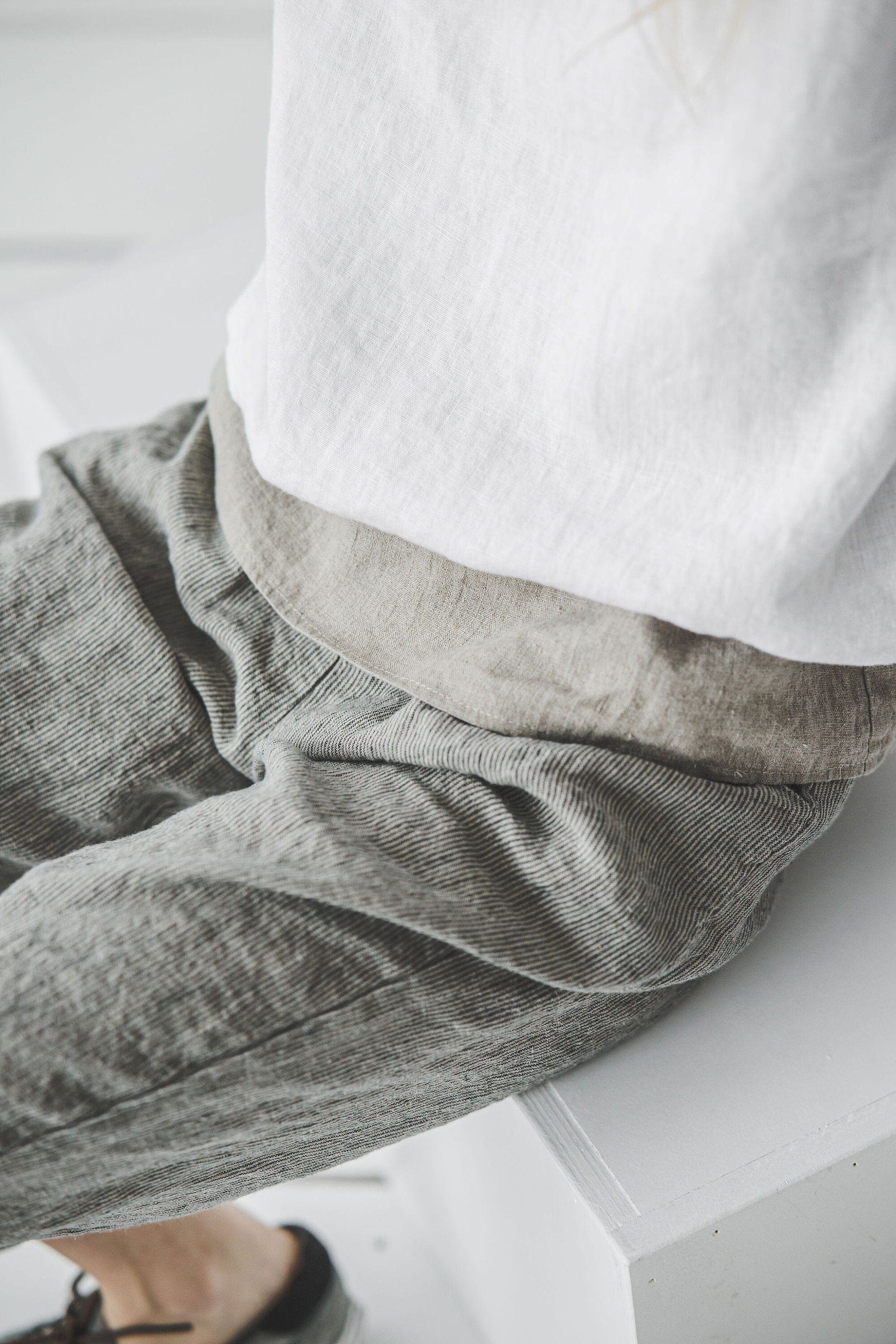 READY TO SHIP Natural Loose Linen Pants with Elastic Waistband Old Linen Mill