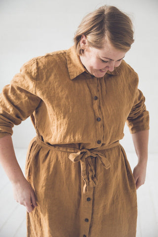 READY TO SHIP Shirt Linen Collar Dress with Belt Honey Gold / 3 XL/4 XL Old Linen Mill