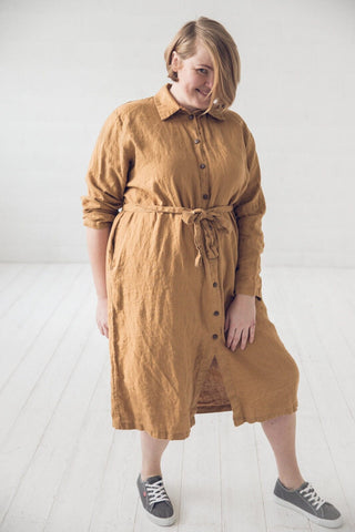 READY TO SHIP Shirt Linen Collar Dress with Belt Honey Gold / 3 XL/4 XL Old Linen Mill