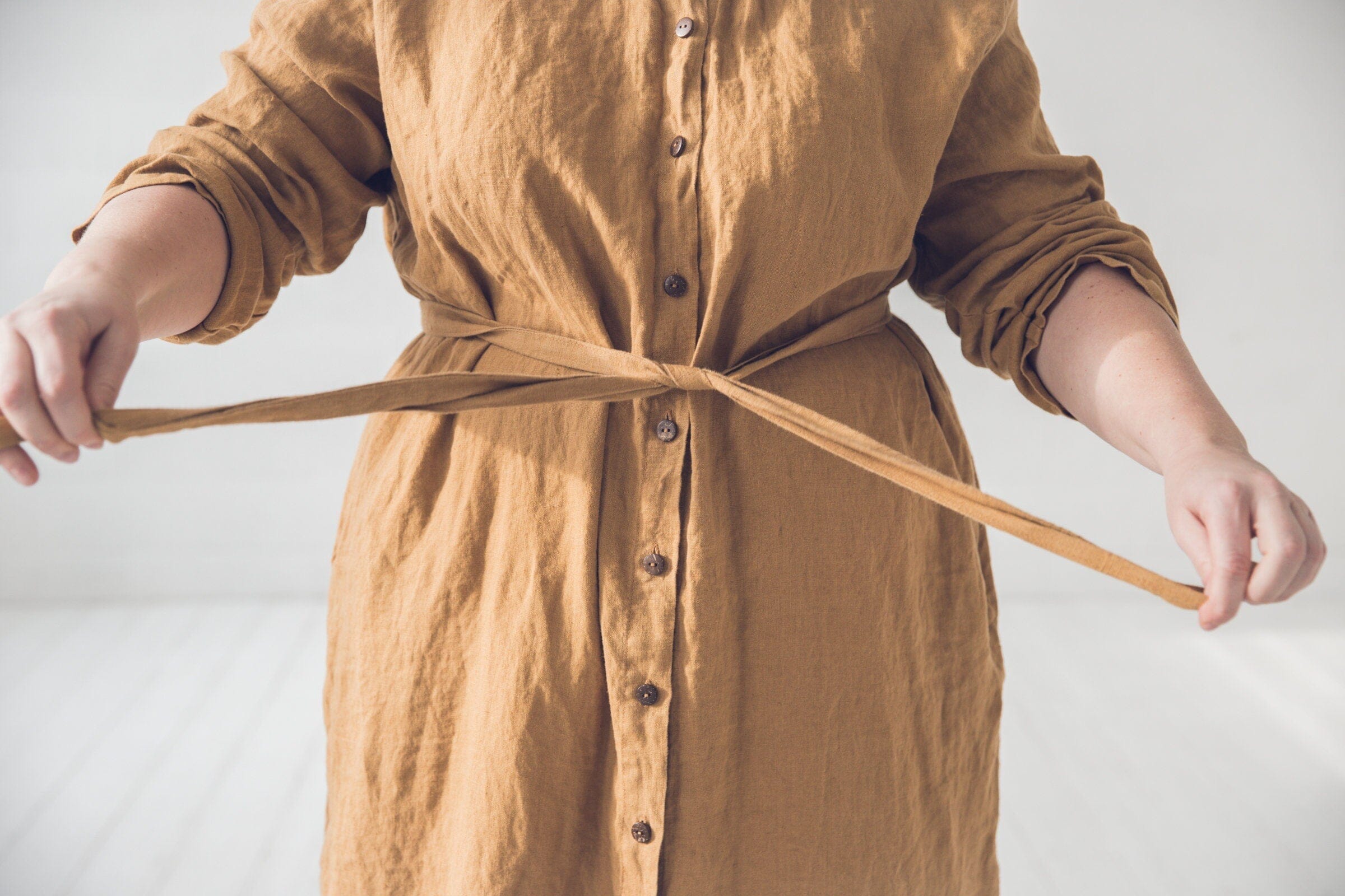 READY TO SHIP Shirt Linen Collar Dress with Belt Honey Gold / 3 XL/4 XL Old Linen Mill