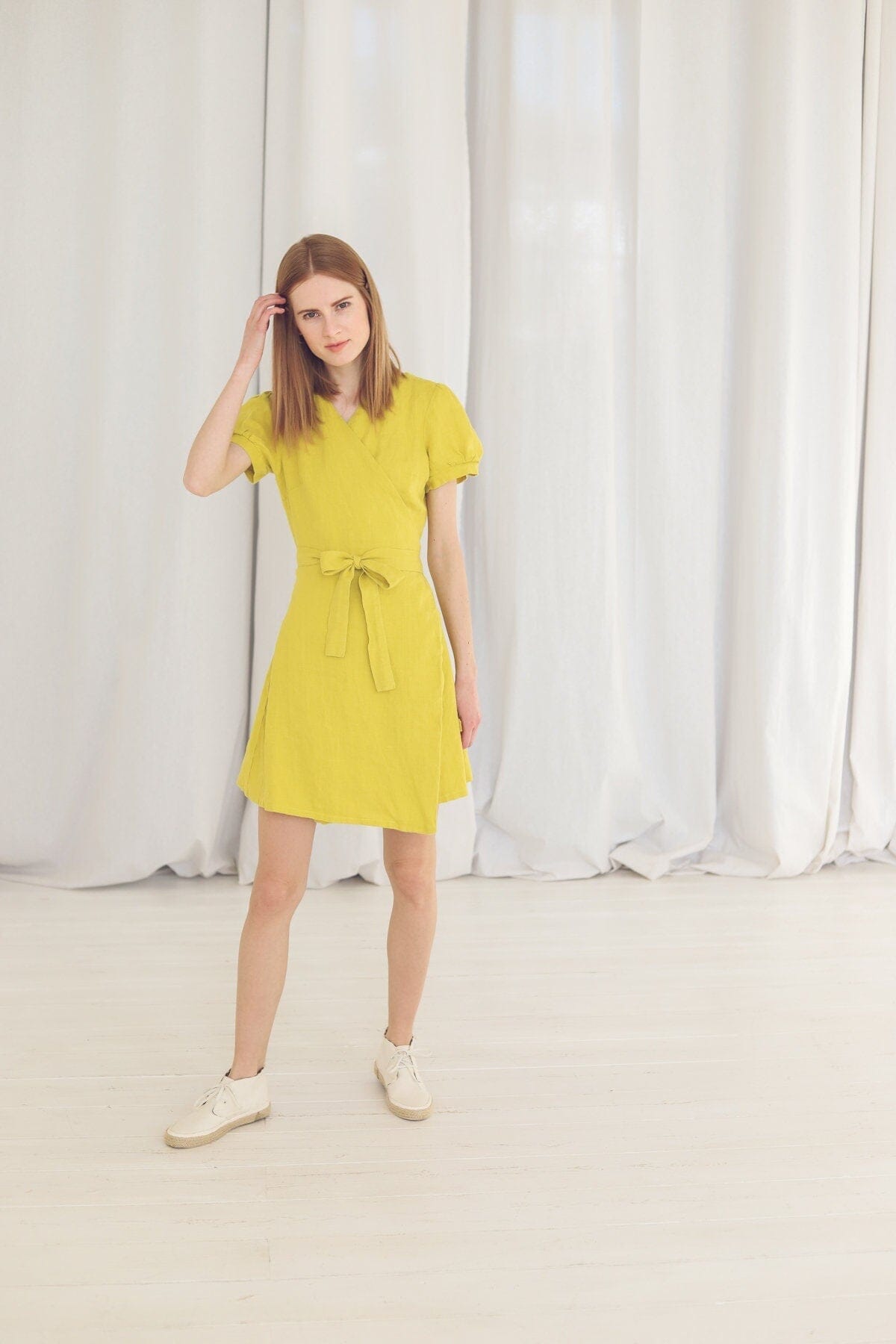 READY TO SHIP Short Lemon Linen Wrap Dress Old Linen Mill 