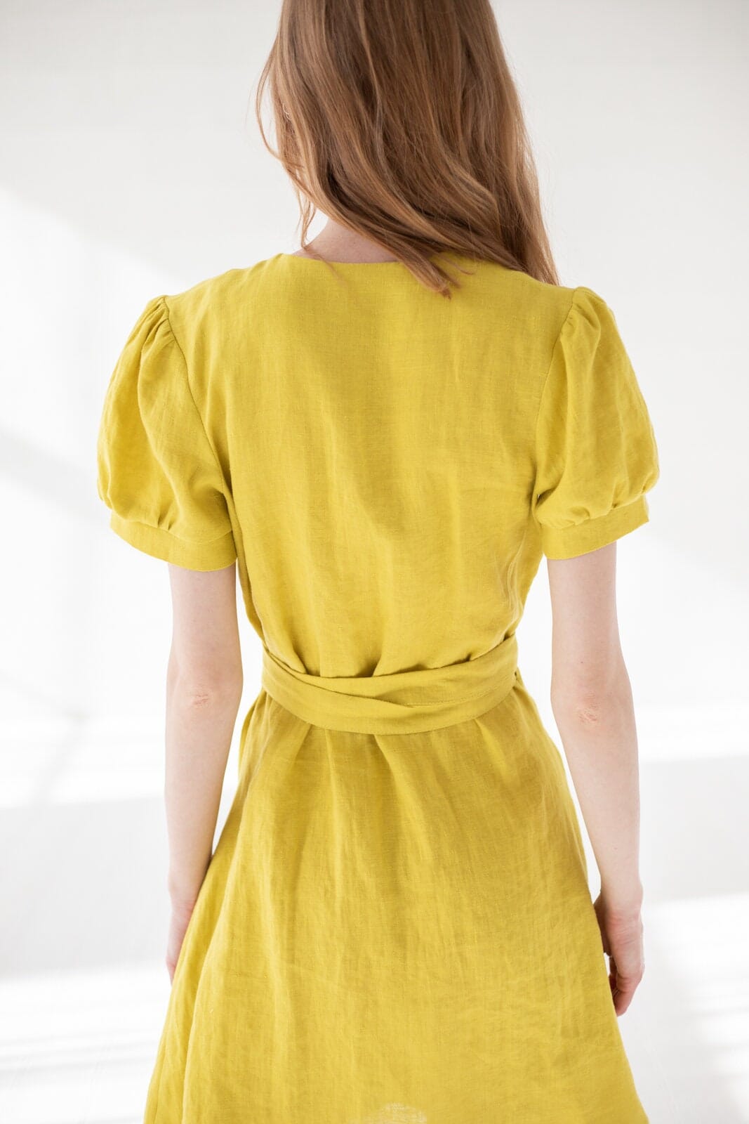 READY TO SHIP Short Lemon Linen Wrap Dress Old Linen Mill 