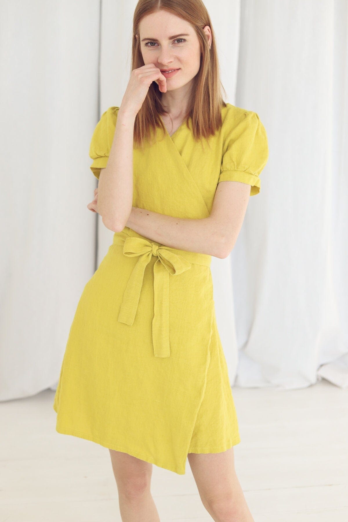 READY TO SHIP Short Lemon Linen Wrap Dress Old Linen Mill 