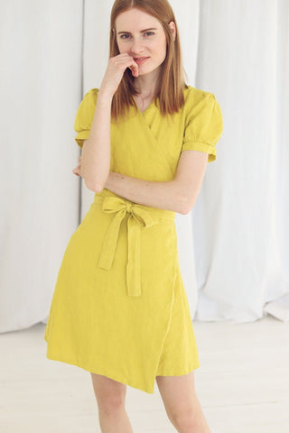 READY TO SHIP Short Lemon Linen Wrap Dress Old Linen Mill 