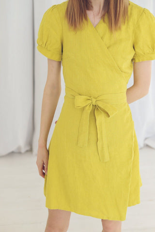 READY TO SHIP Short Lemon Linen Wrap Dress Old Linen Mill 