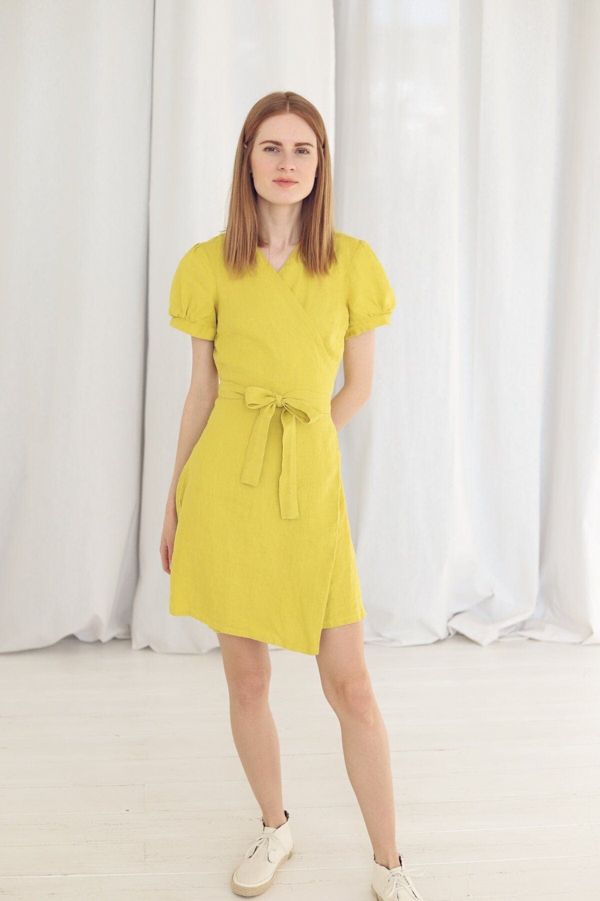 READY TO SHIP Short Lemon Linen Wrap Dress Old Linen Mill Lemon XS 