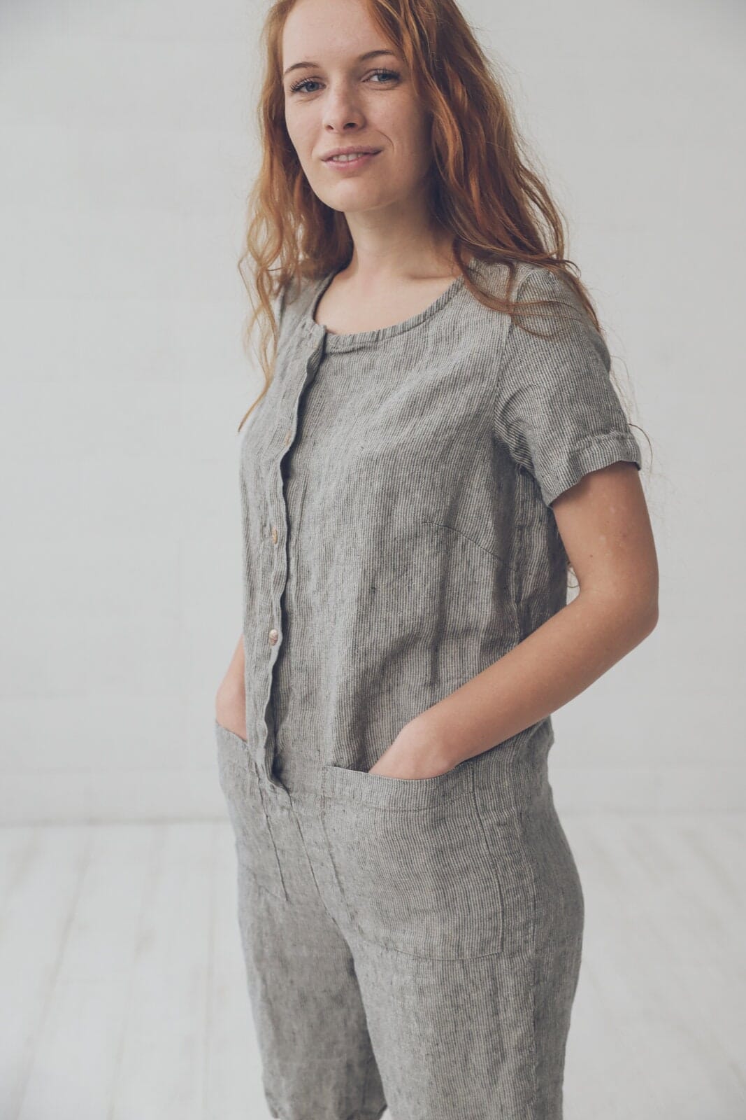 READY TO SHIP Short Linen Jumpsuit Overall Old Linen Mill