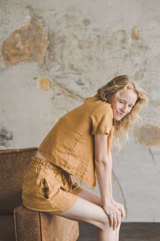 READY TO SHIP Short Linen Shirt Loose Style Ocean Blue / M Old Linen Mill