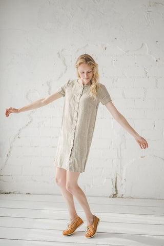 READY TO SHIP Short Shirt Linen Dress Buttons Down Heavy Beige / S Old Linen Mill