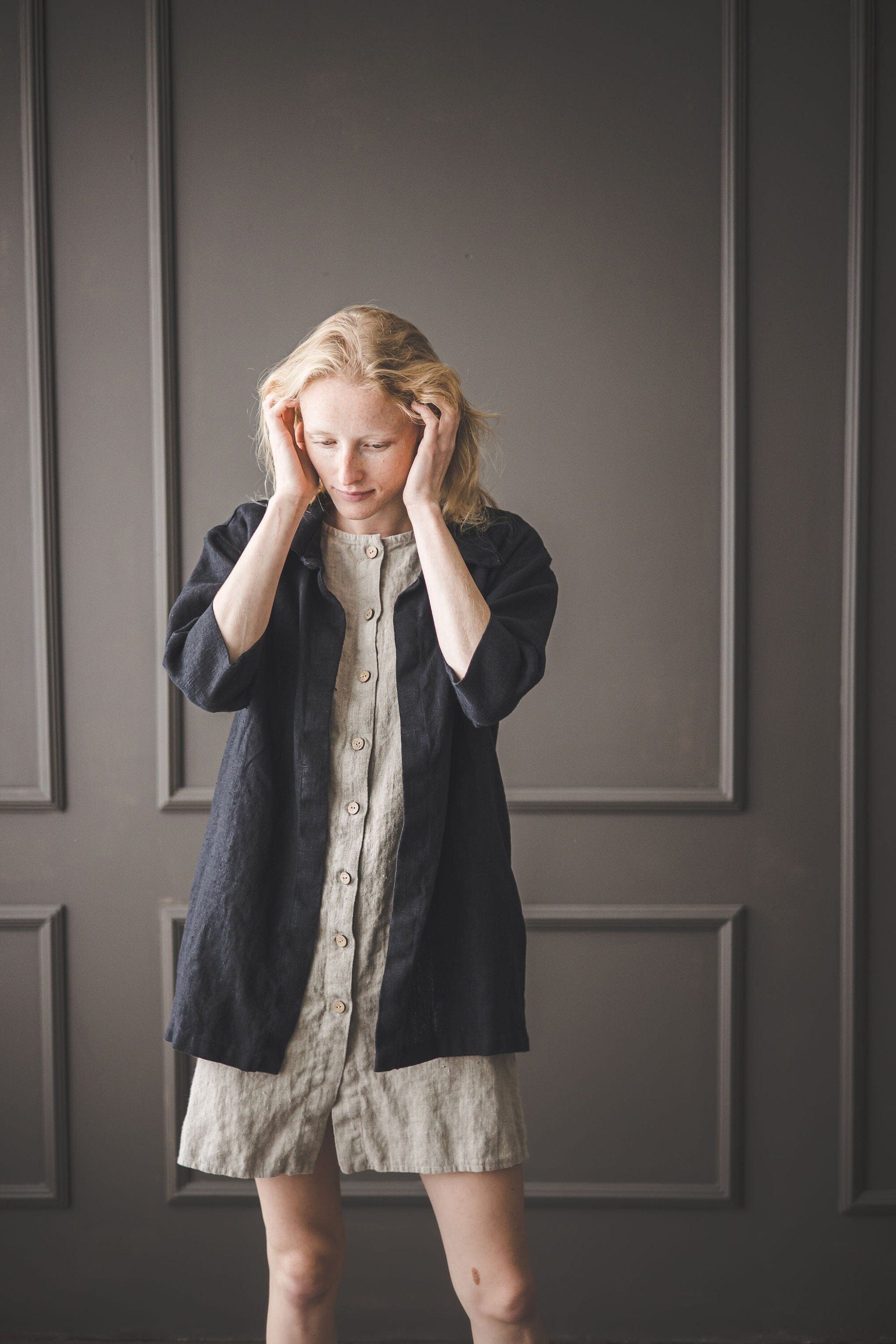READY TO SHIP Short Shirt Linen Dress Buttons Down Heavy Beige / S Old Linen Mill